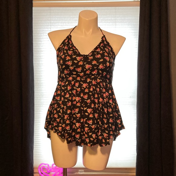 Pink roses on black field babydoll fit high/low tie close T-back top size 3X - Picture 1 of 6